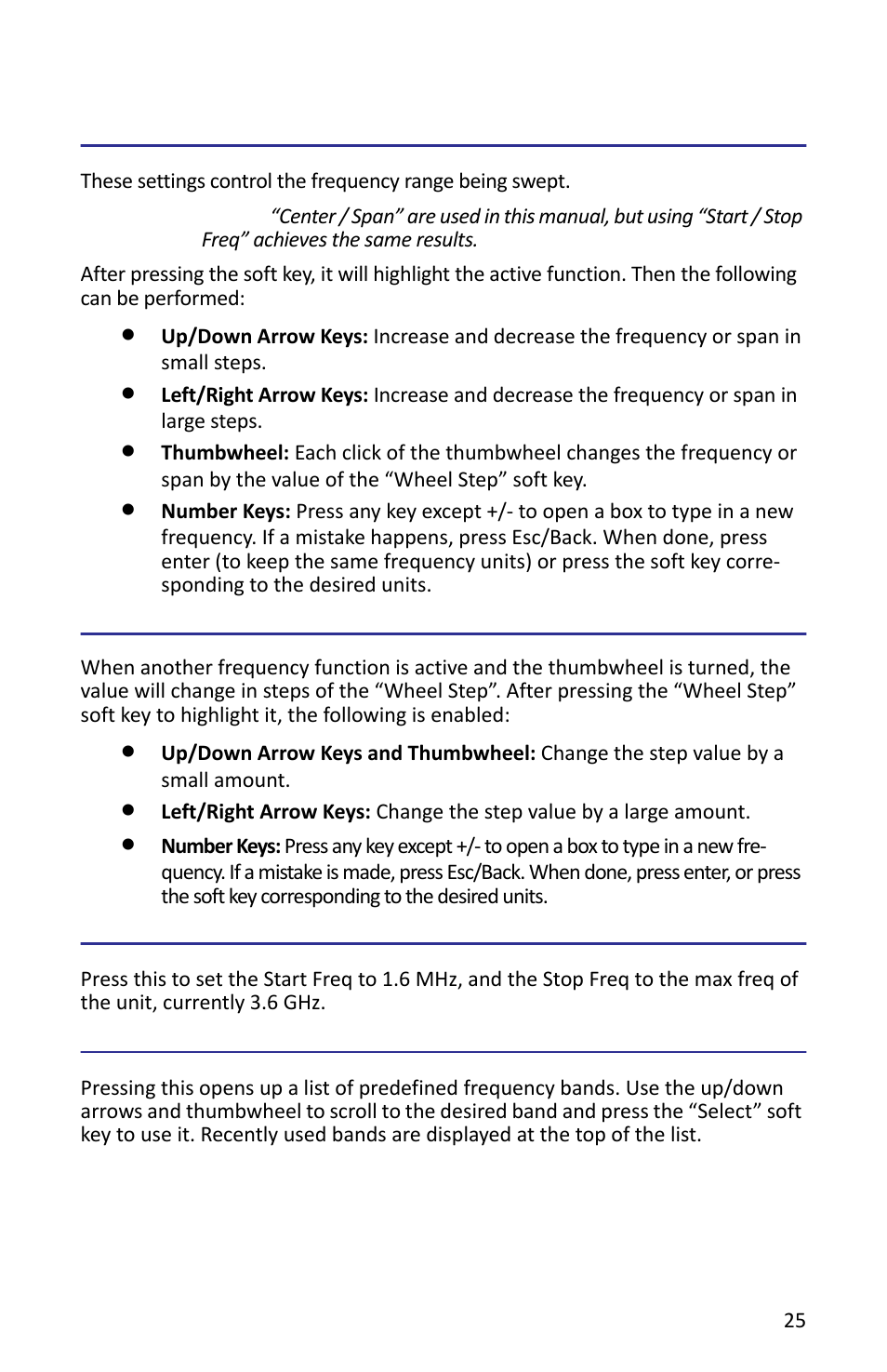 Start / stop freq and center / span, Wheel step, Full span | Freq list | Bird Technologies SH-362S-Manual User Manual | Page 47 / 206