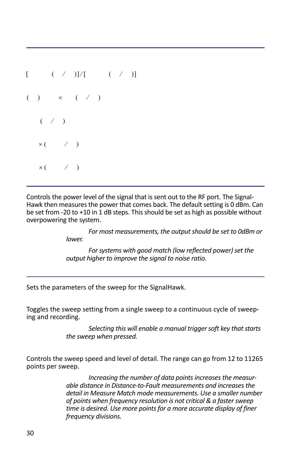 Units, Vswr, Return loss | Match, Reflection, Pwr out, Sweep, Cont/single, Data points, Vswr return loss rho match % reflection | Bird Technologies SH-362S-Manual User Manual | Page 52 / 206