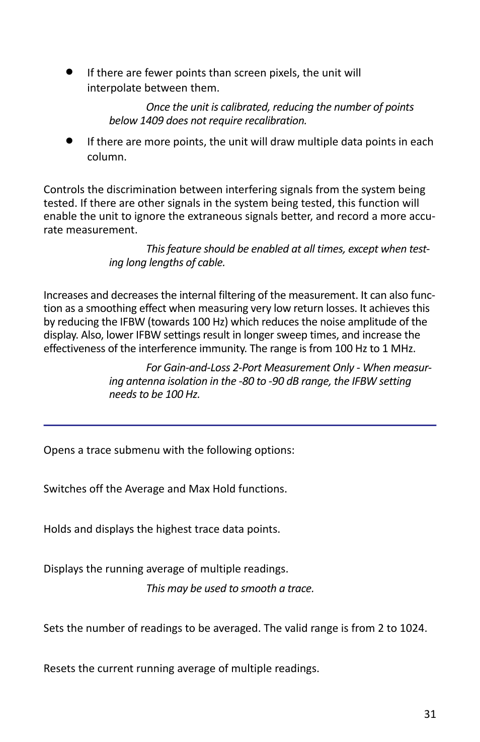 Interference immunity, Ifbw, Trace | Clear write, Max hold, Average, Average readings, Reset average, Interference immunity ifbw, Clear write max hold average | Bird Technologies SH-362S-Manual User Manual | Page 53 / 206