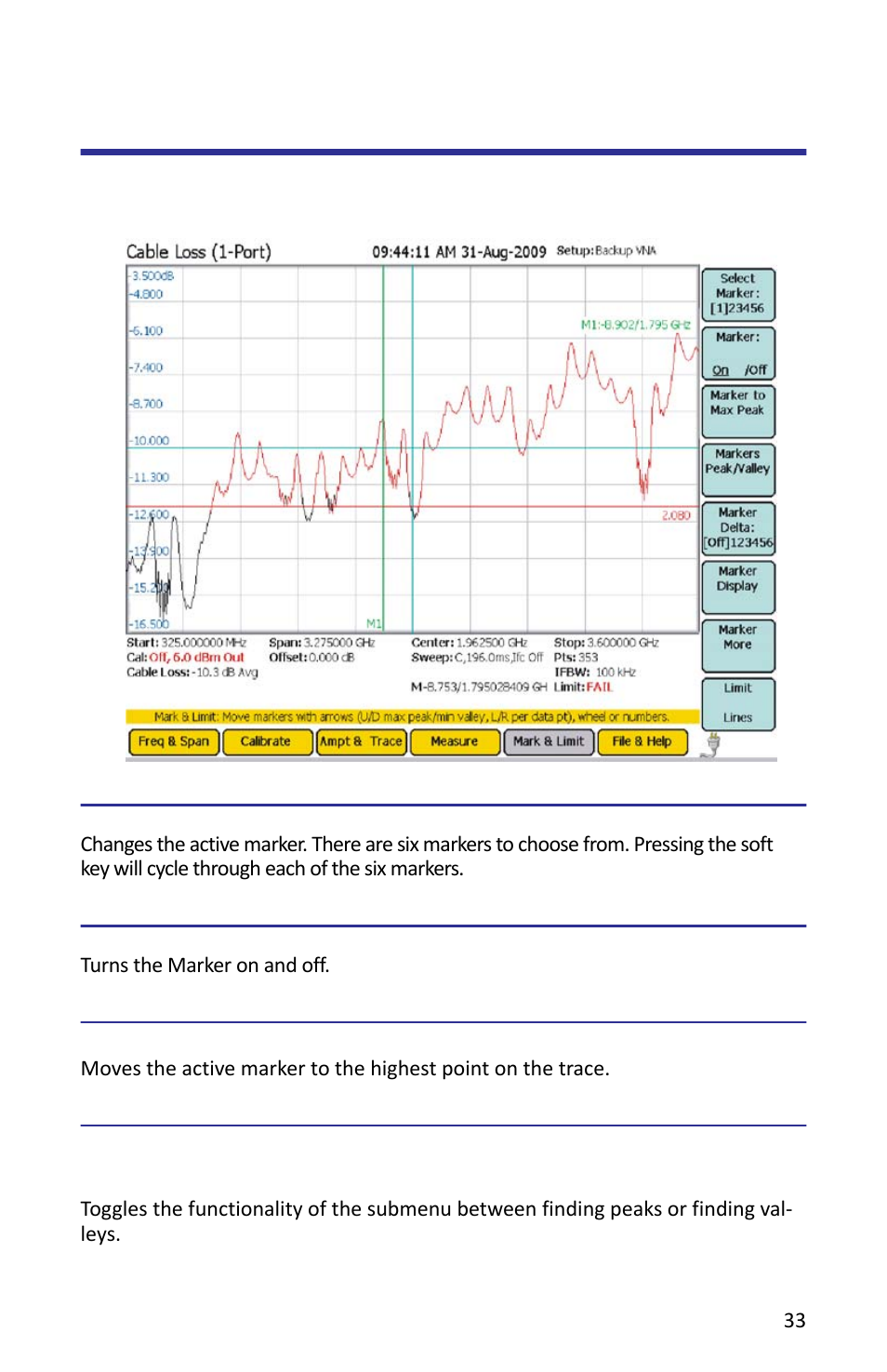 Mark & limit menu, Figure 20 example, mark & limit menu, Select marker | Marker on / off, Marker to max peak, Markers to peak/valley, Markers detect | Bird Technologies SH-362S-Manual User Manual | Page 55 / 206