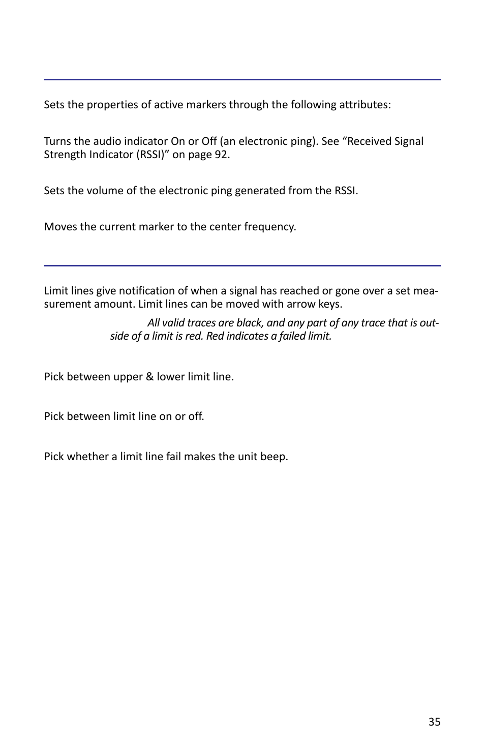 Marker more, Rssi (received signal strength indicator), Volume | Marker freq to center, Limit lines, Limit upper/lower, Limit on/off, Limit alarm on/off, Limit upper/lower limit on/off limit alarm on/off | Bird Technologies SH-362S-Manual User Manual | Page 57 / 206