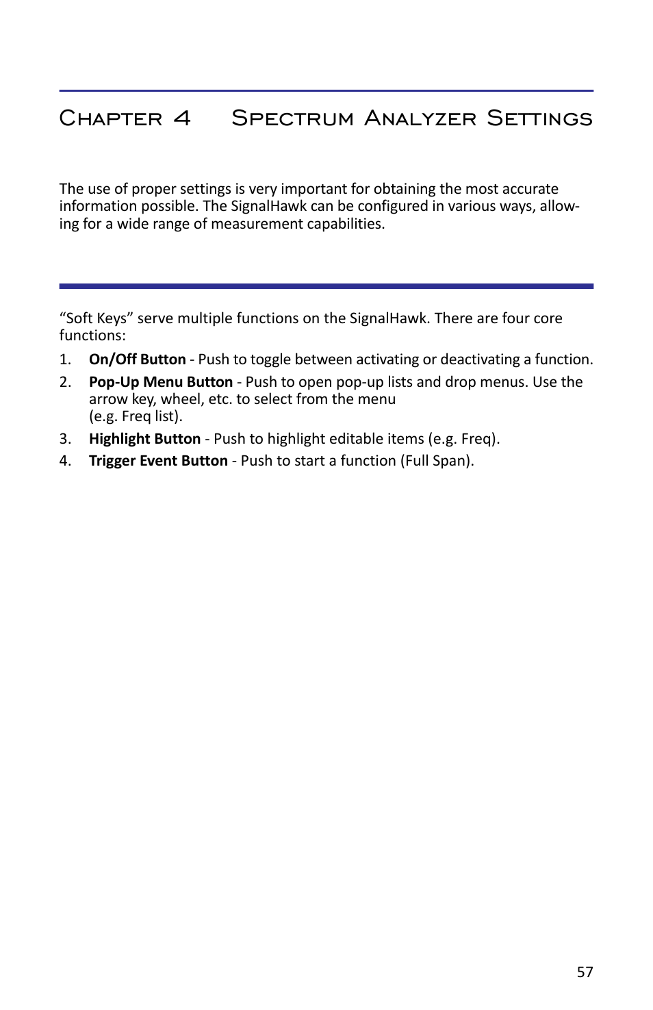 Chapter 4 spectrum analyzer settings, Core soft key functions | Bird Technologies SH-362S-Manual User Manual | Page 79 / 206