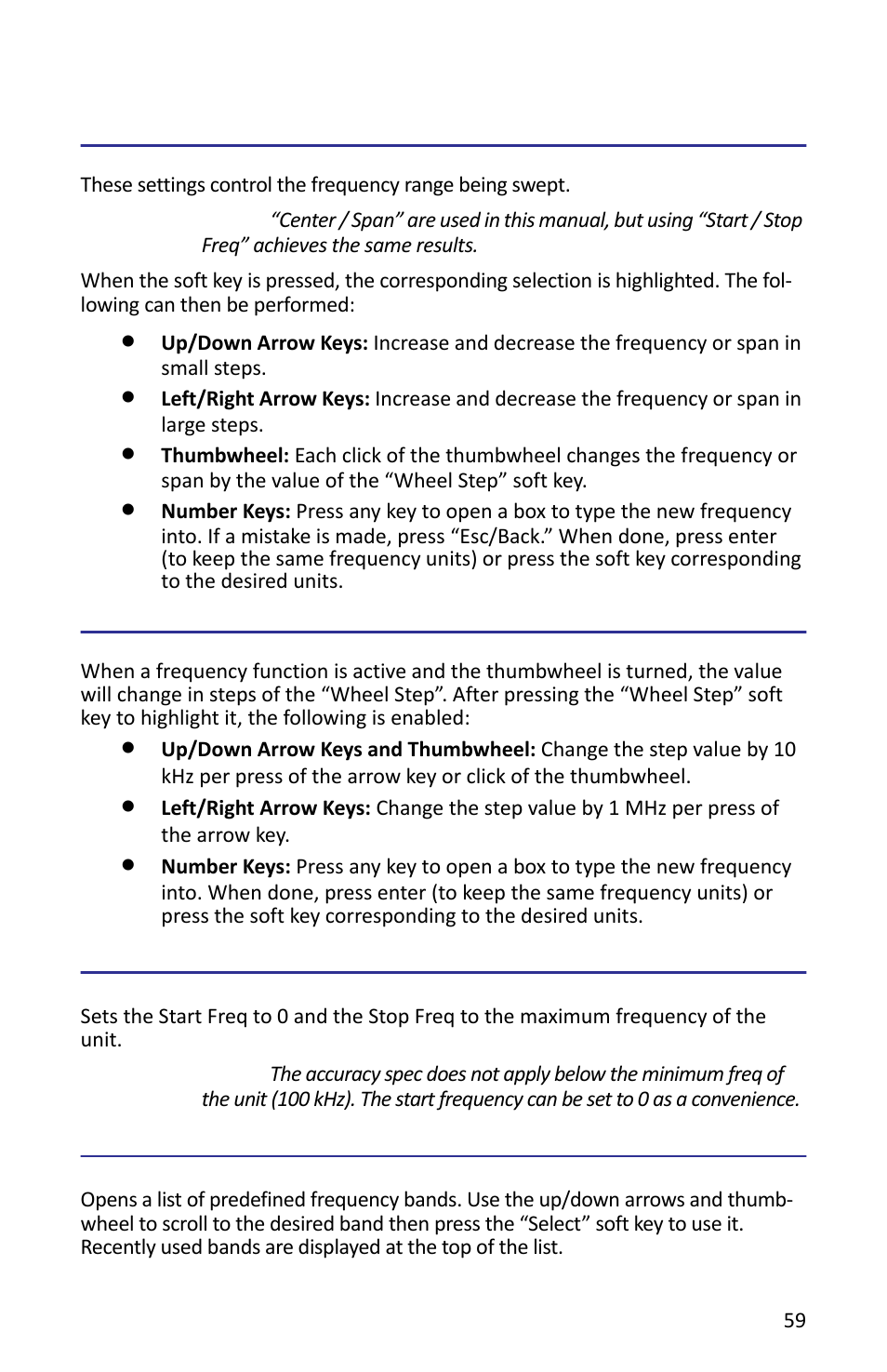 Start / stop freq and center / span, Wheel step, Full span | Freq list, Start / stop freq and center / span wheel step, Full span freq list | Bird Technologies SH-362S-Manual User Manual | Page 81 / 206