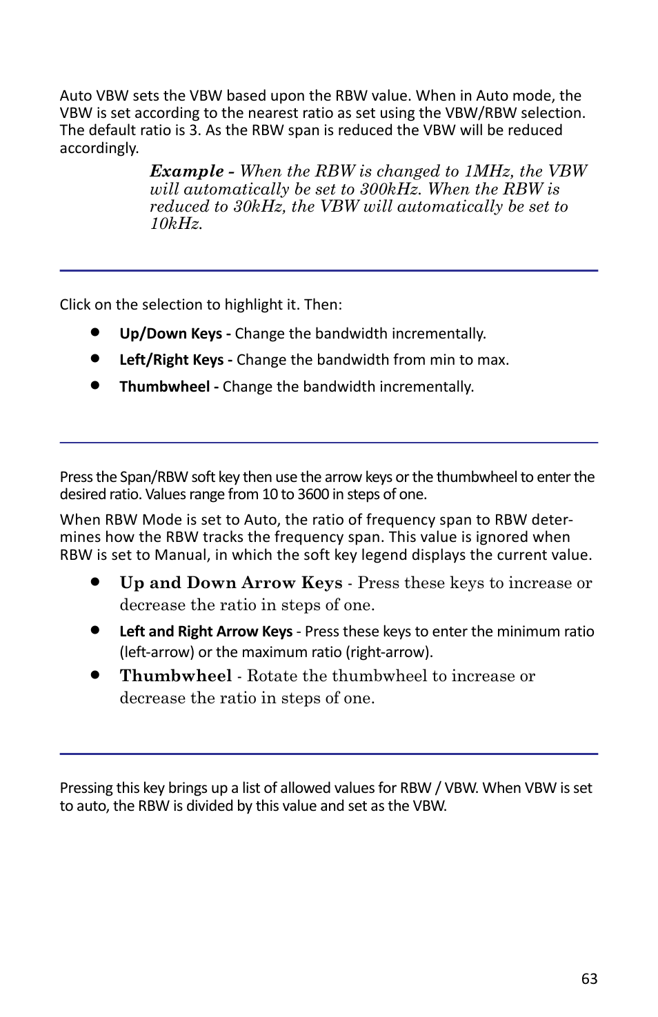 Video bw, Span/rbw, Rbw / vbw | Video bw span/rbw rbw / vbw | Bird Technologies SH-362S-Manual User Manual | Page 85 / 206