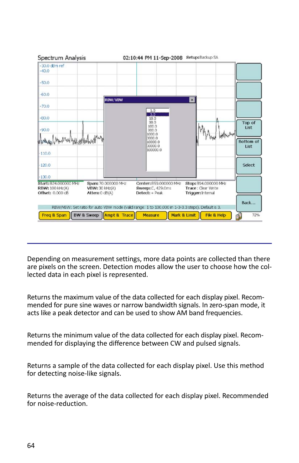 Figure 49 example, rbw/vbw, Detection mode, Peak detection | Sample detection, Average power | Bird Technologies SH-362S-Manual User Manual | Page 86 / 206