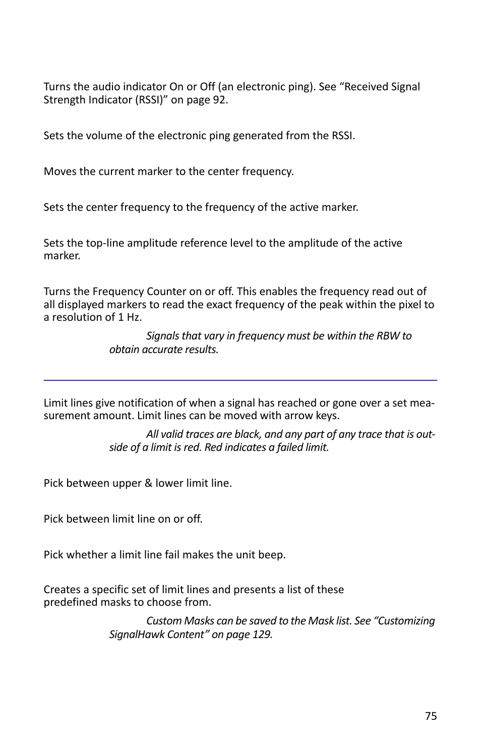 Rssi (received signal strength indicator), Volume, Marker freq to center | Center freq to marker, Ref level ampt to marker, Frequency counter, Limit lines, Limit upper/lower, Limit on/off, Limit alarm on/off | Bird Technologies SH-362S-Manual User Manual | Page 97 / 206