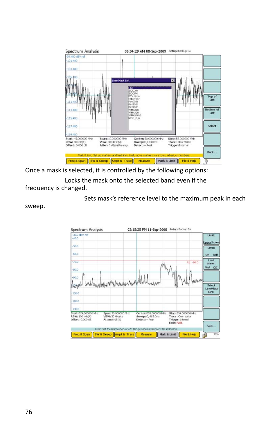 Figure 58 example, mask list, Figure 59 example, limit line mask, Freq lock em to max peak | Bird Technologies SH-362S-Manual User Manual | Page 98 / 206