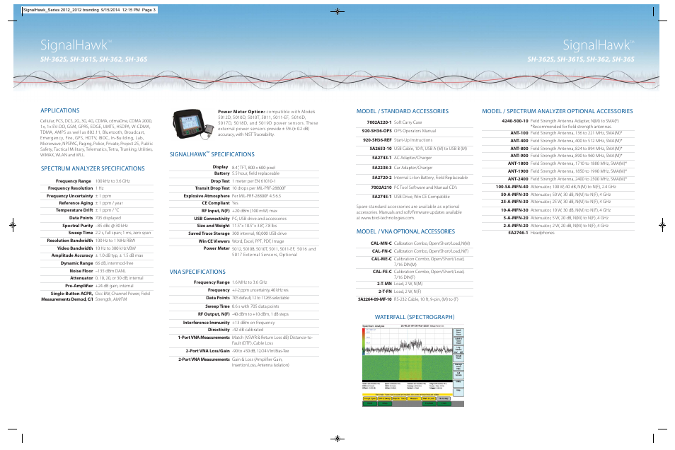 Signalhawk, Applications, Spectrum analyzer specifications | Specifications, Vna specifications, Model / standard accessories, Model / vna optional accessories | Bird Technologies SH-362S-Datasheet User Manual | Page 2 / 4