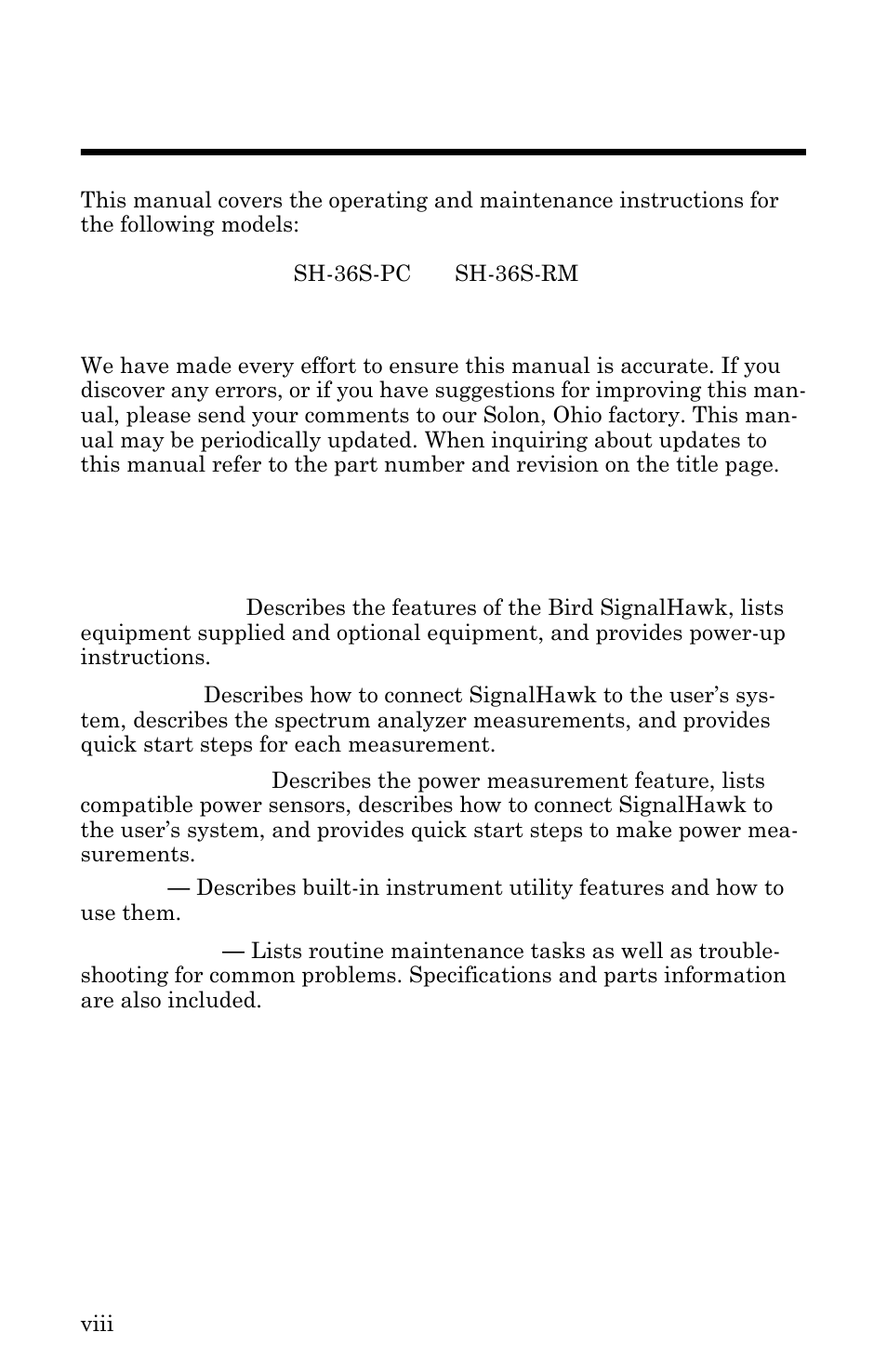 Changes to this manual, Literature contents, Chapter layout | About this manual | Bird Technologies SH-36S-RM-Manual User Manual | Page 10 / 130