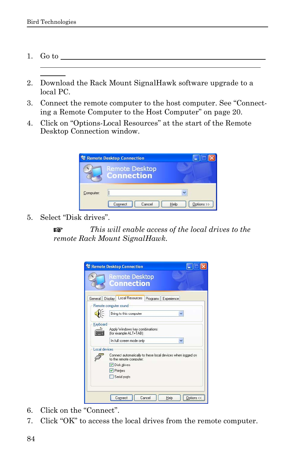 Figure 65 remote desktop connection window, Figure 66 options-local resources, Updating the firmware on a | Bird Technologies SH-36S-RM-Manual User Manual | Page 100 / 130