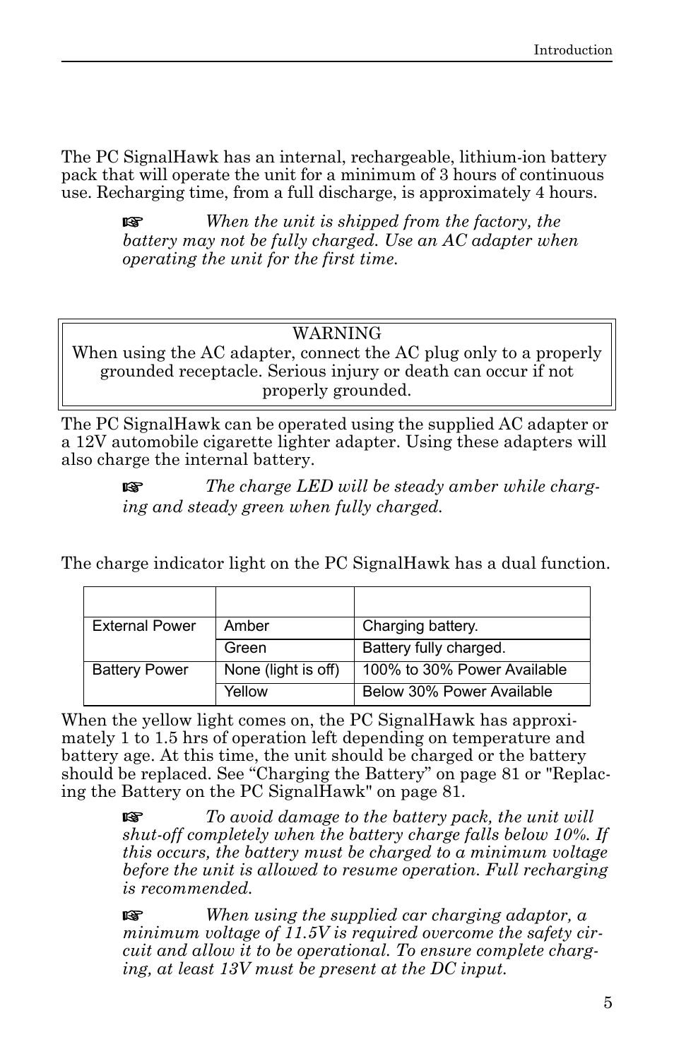 Power supply - pc signalhawk, Internal battery, Power adapters | Charge indicator light | Bird Technologies SH-36S-RM-Manual User Manual | Page 21 / 130