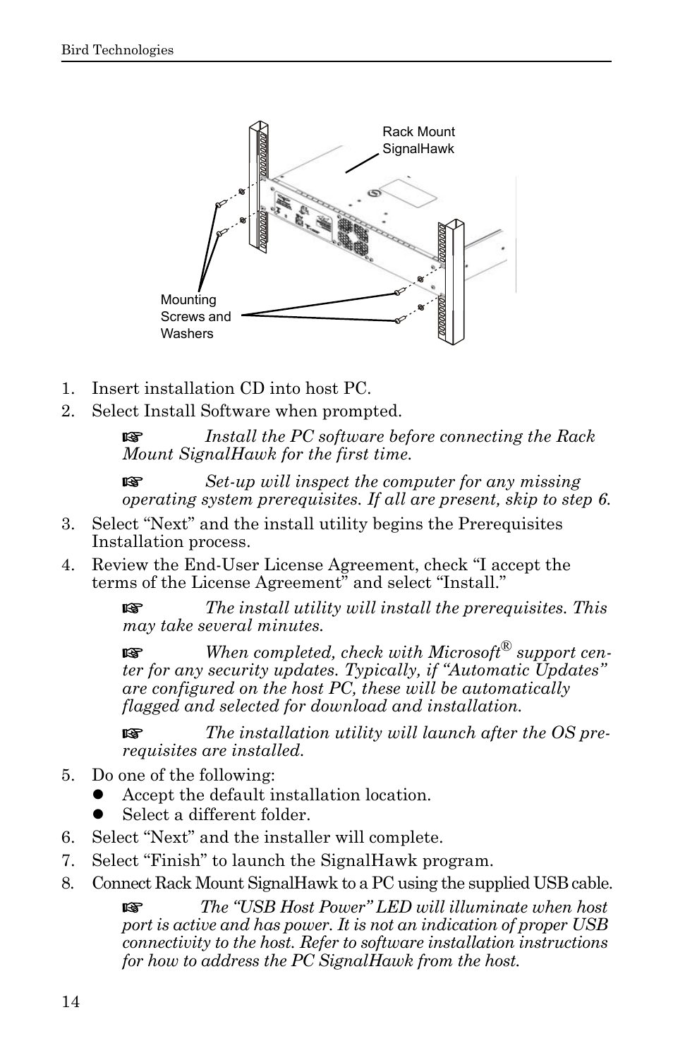 Figure 8 installing the signalhawk into a rack, Connecting the rack-mount via usb connection | Bird Technologies SH-36S-RM-Manual User Manual | Page 30 / 130