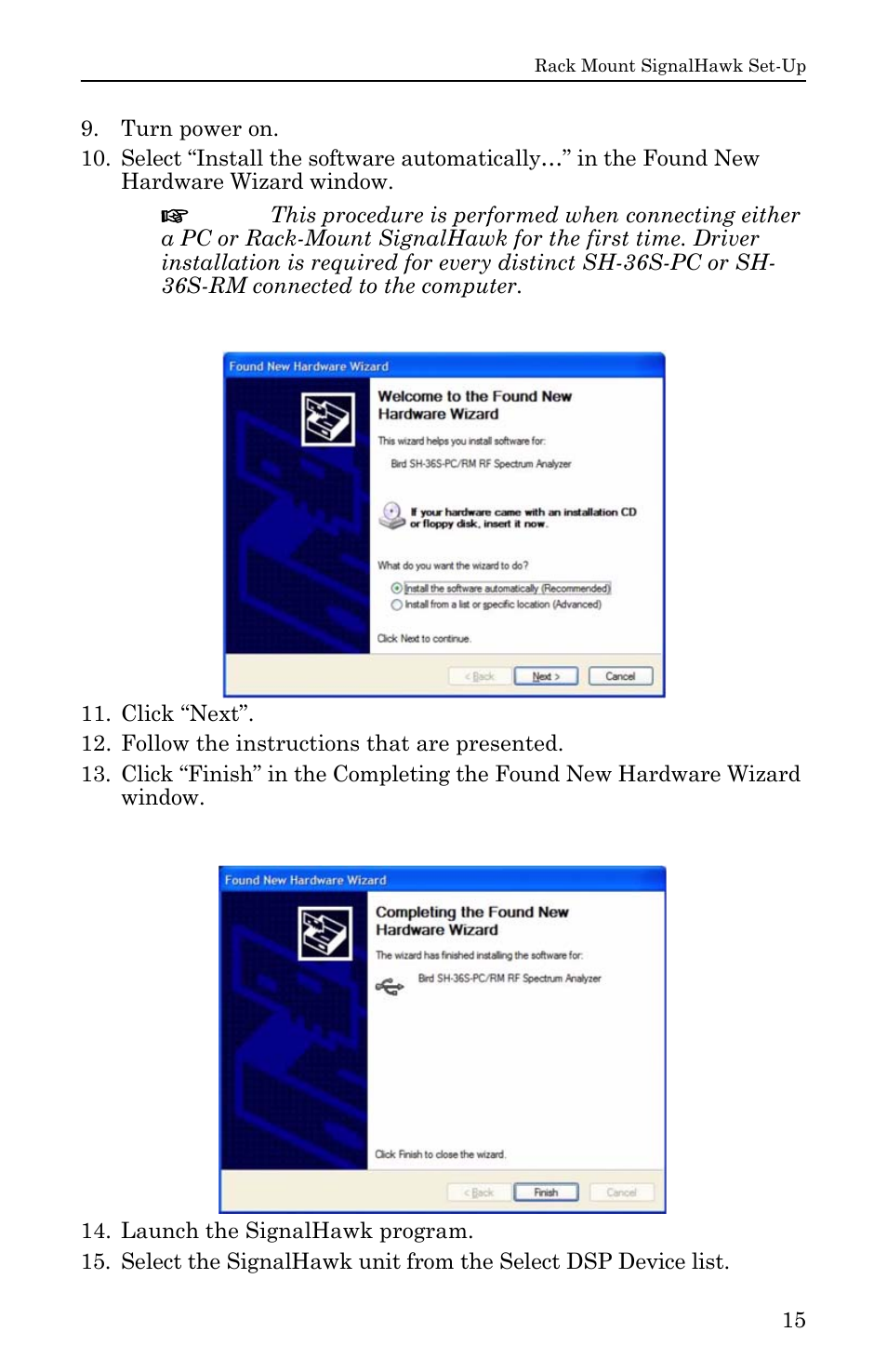 Figure 9 found new hardware wizard, Figure 10 completing the found new hardware wizard | Bird Technologies SH-36S-RM-Manual User Manual | Page 31 / 130