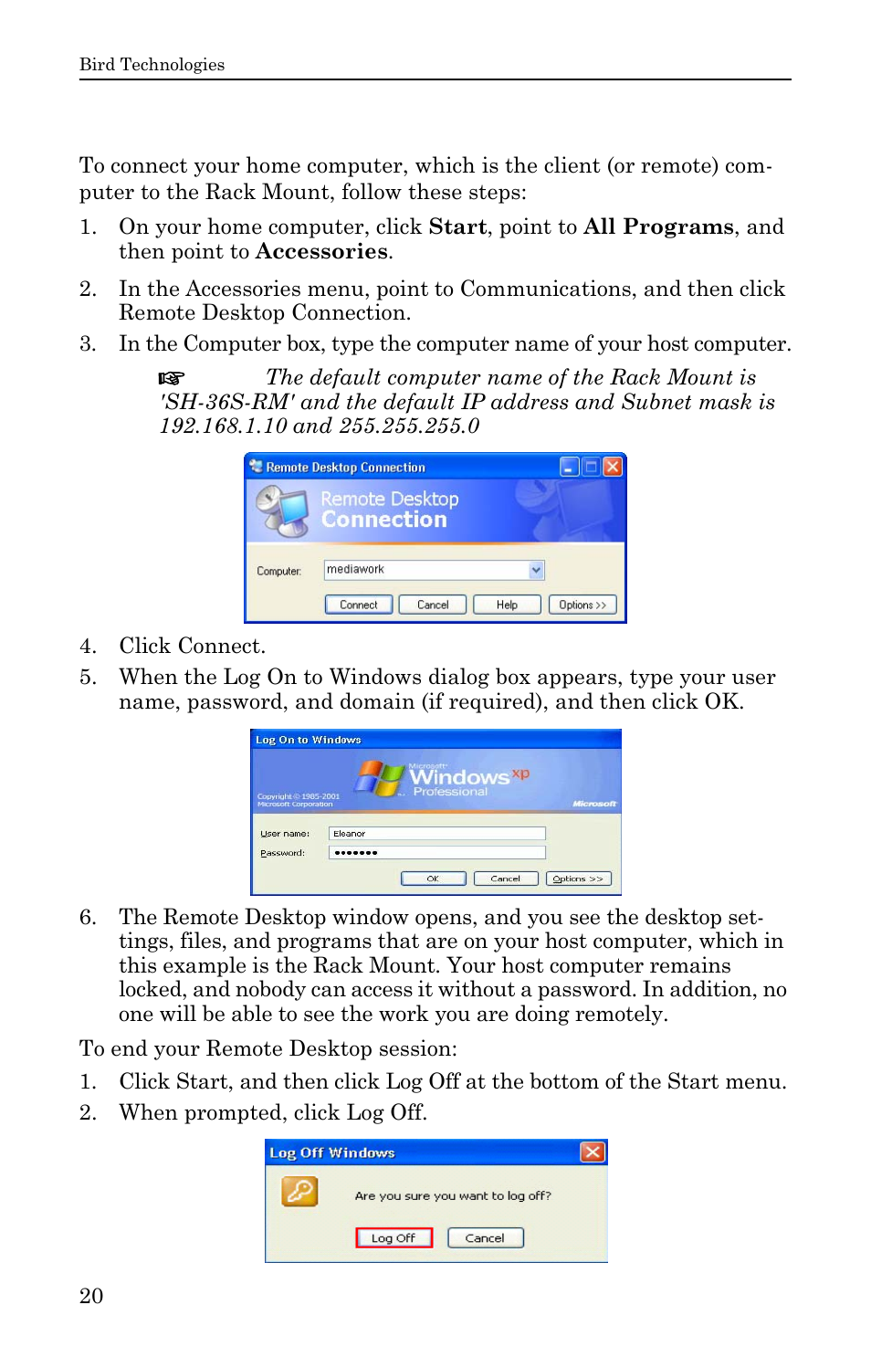 Connecting a remote computer to the host computer | Bird Technologies SH-36S-RM-Manual User Manual | Page 36 / 130