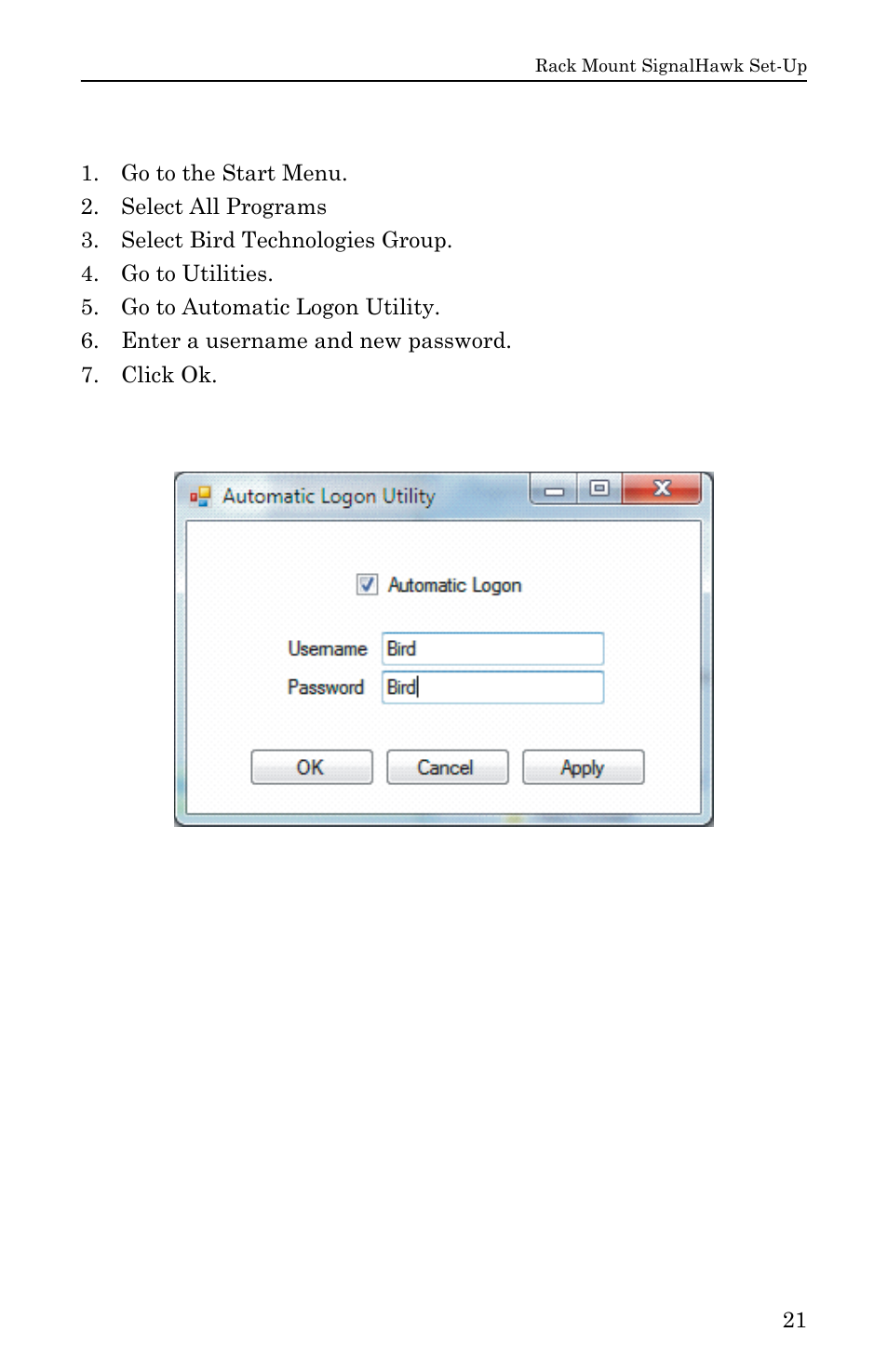 Changing the password on auto logon, Figure 12 automatic logon utility | Bird Technologies SH-36S-RM-Manual User Manual | Page 37 / 130