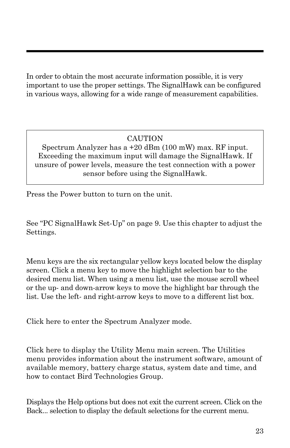 Chapter 4 settings, Getting started with the signalhawk, Setting up | Start menu, menu keys, D 23, Setting up start menu, menu keys | Bird Technologies SH-36S-RM-Manual User Manual | Page 39 / 130