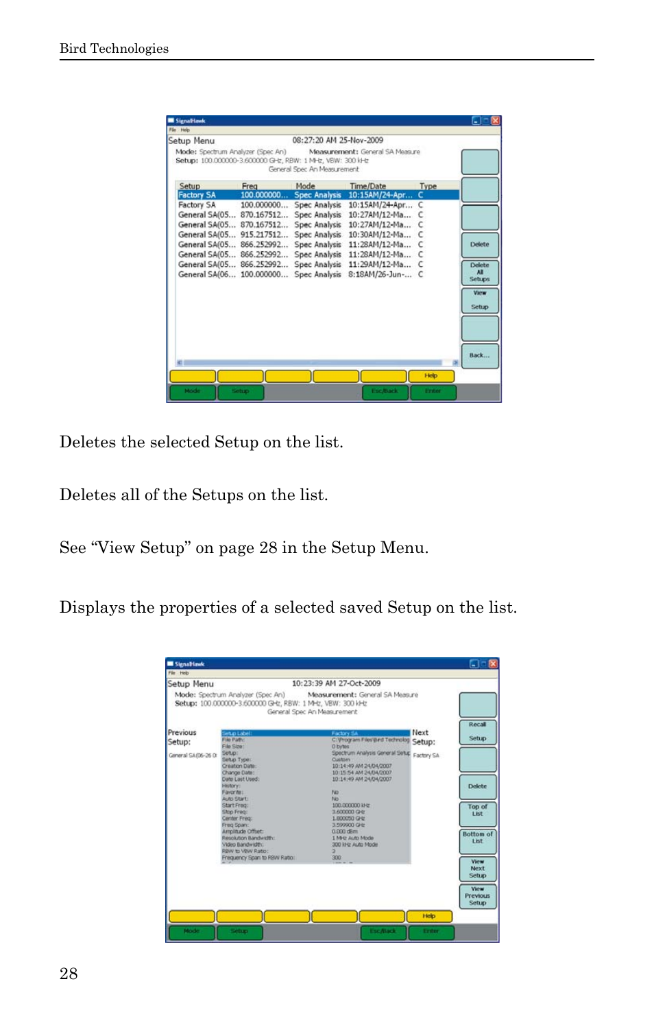 Figure 16 setup - manage setup files, View setup, Figure 17 setup - view setup | Delete delete all setups view setup | Bird Technologies SH-36S-RM-Manual User Manual | Page 44 / 130