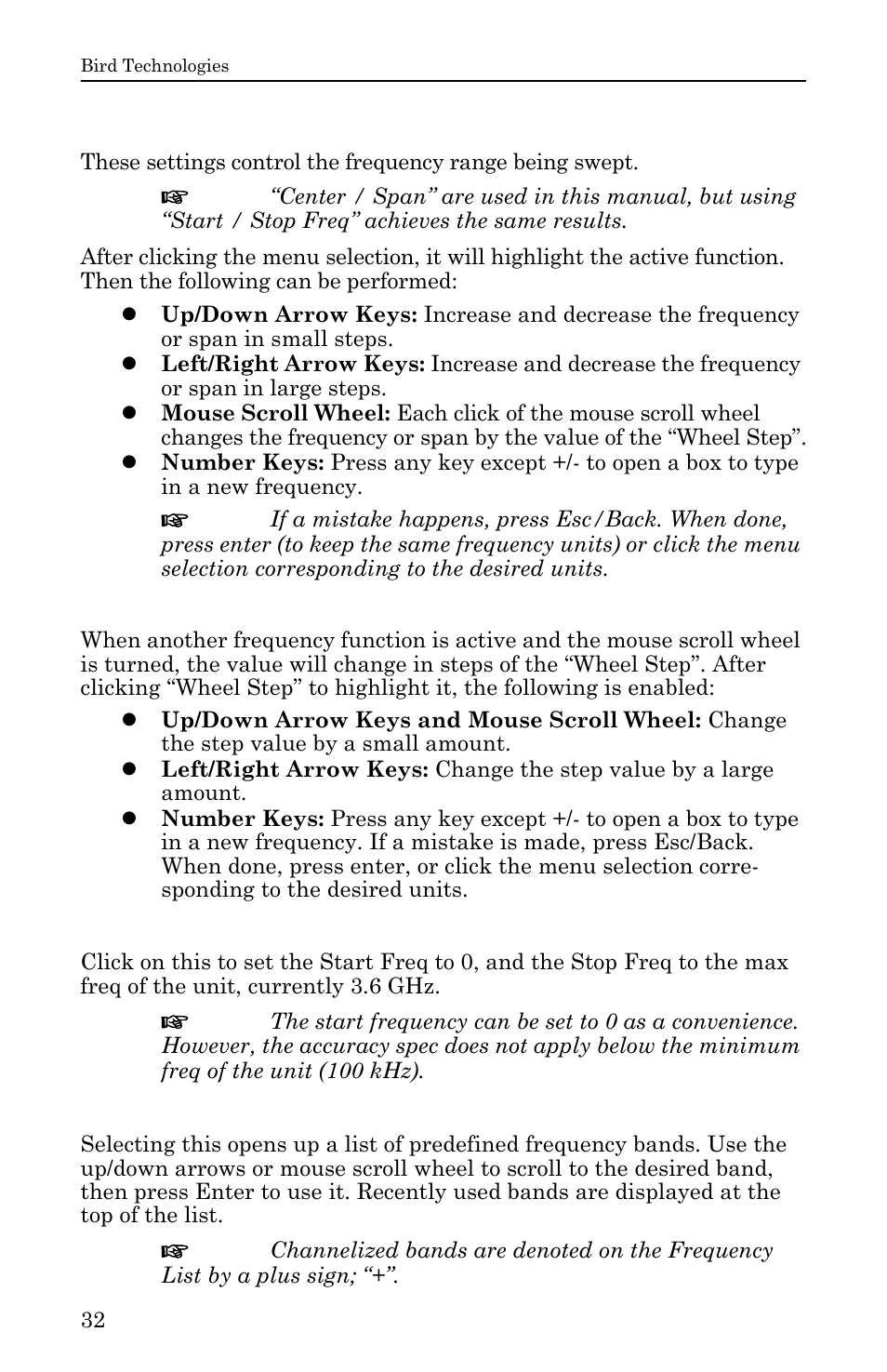 Start / stop freq and center / span, Wheel step, Full span | Freq list | Bird Technologies SH-36S-RM-Manual User Manual | Page 48 / 130