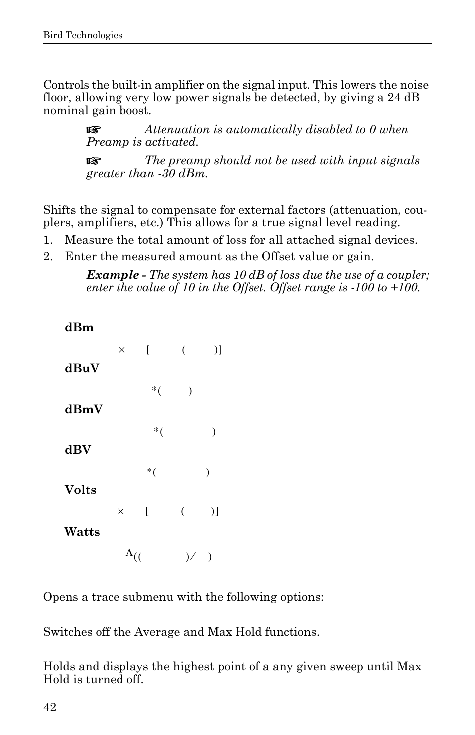 Preamp, Offset, Units | Trace, Preamp offset units trace, Clear write max hold | Bird Technologies SH-36S-RM-Manual User Manual | Page 58 / 130