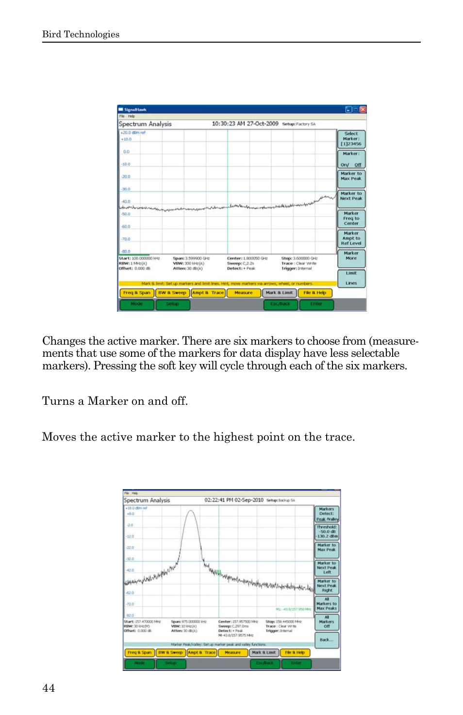 Mark & limit menu, Figure 30 example, mark & limit menu, Select marker | Marker on / off, Marker to max peak, Markers to peak/valley, Figure 31 markers to peak/valley, See “marker on / off” on | Bird Technologies SH-36S-RM-Manual User Manual | Page 60 / 130