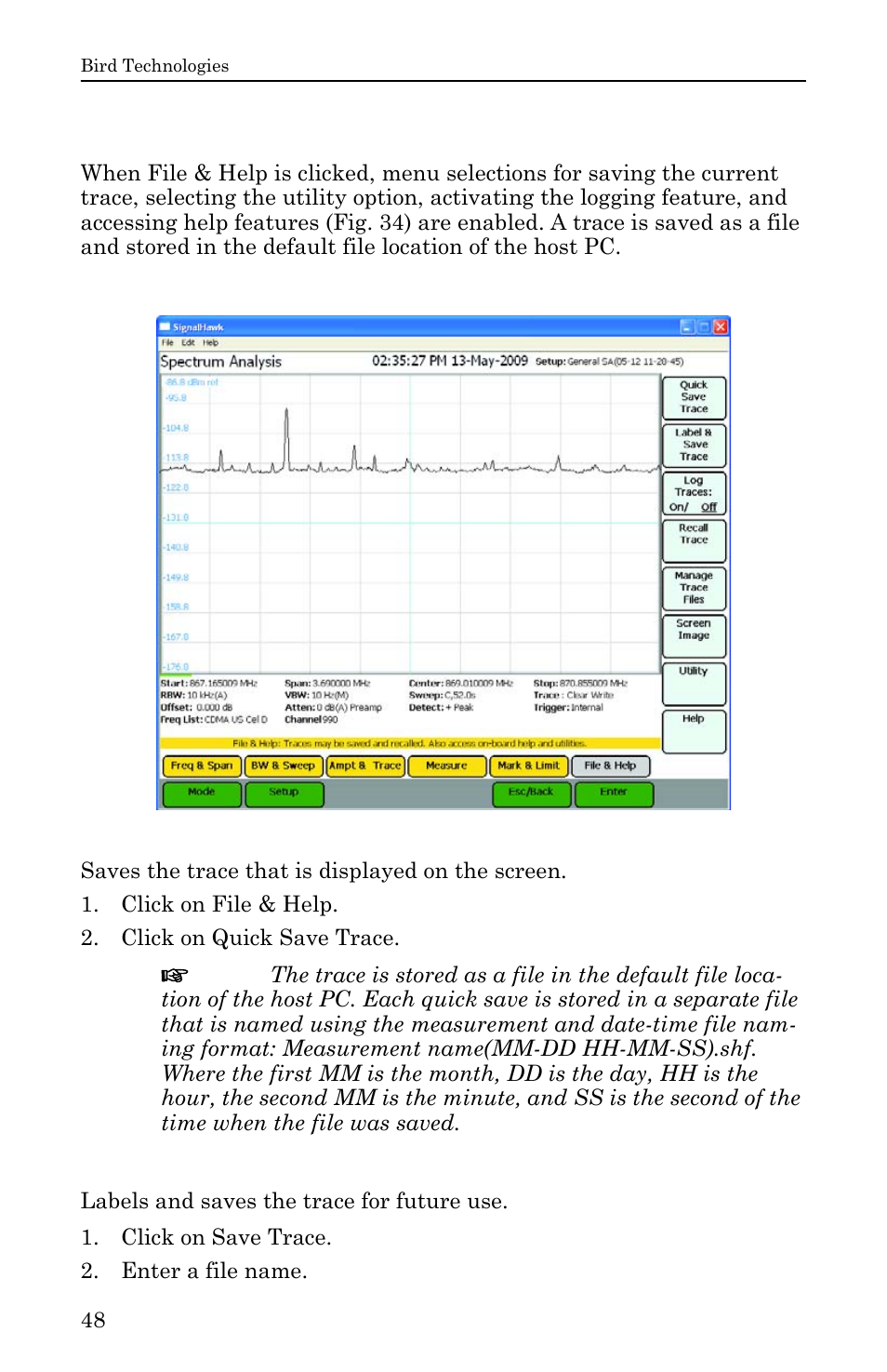 File & help menu, Figure 34 example, file & help menu, Quick save trace | Label & save trace, Quick save trace label & save trace | Bird Technologies SH-36S-RM-Manual User Manual | Page 64 / 130