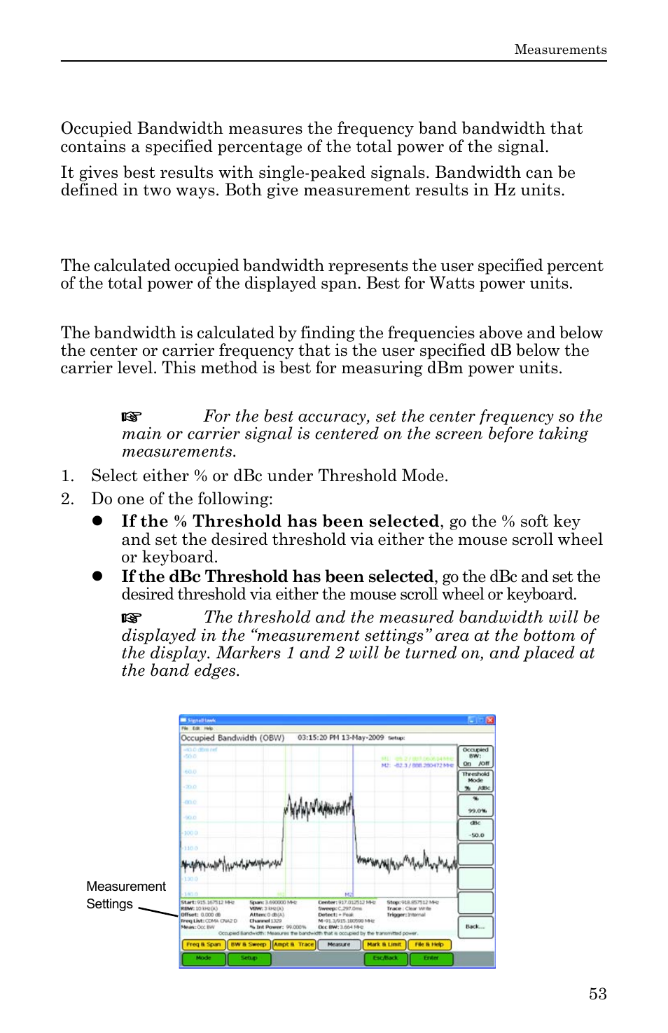 Occupied bandwidth measurement, Threshold modes, Setting occupied bandwidth | Figure 37 example, occupied bandwidth | Bird Technologies SH-36S-RM-Manual User Manual | Page 69 / 130