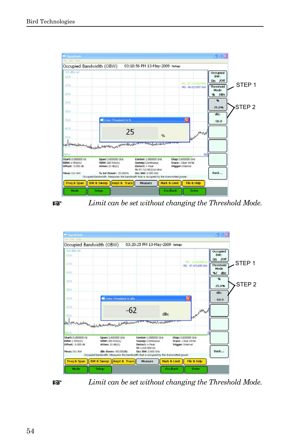 Figure 38 example, occupied bandwidth, Figure 39 example, occupied bandwidth - dbc | Bird Technologies SH-36S-RM-Manual User Manual | Page 70 / 130