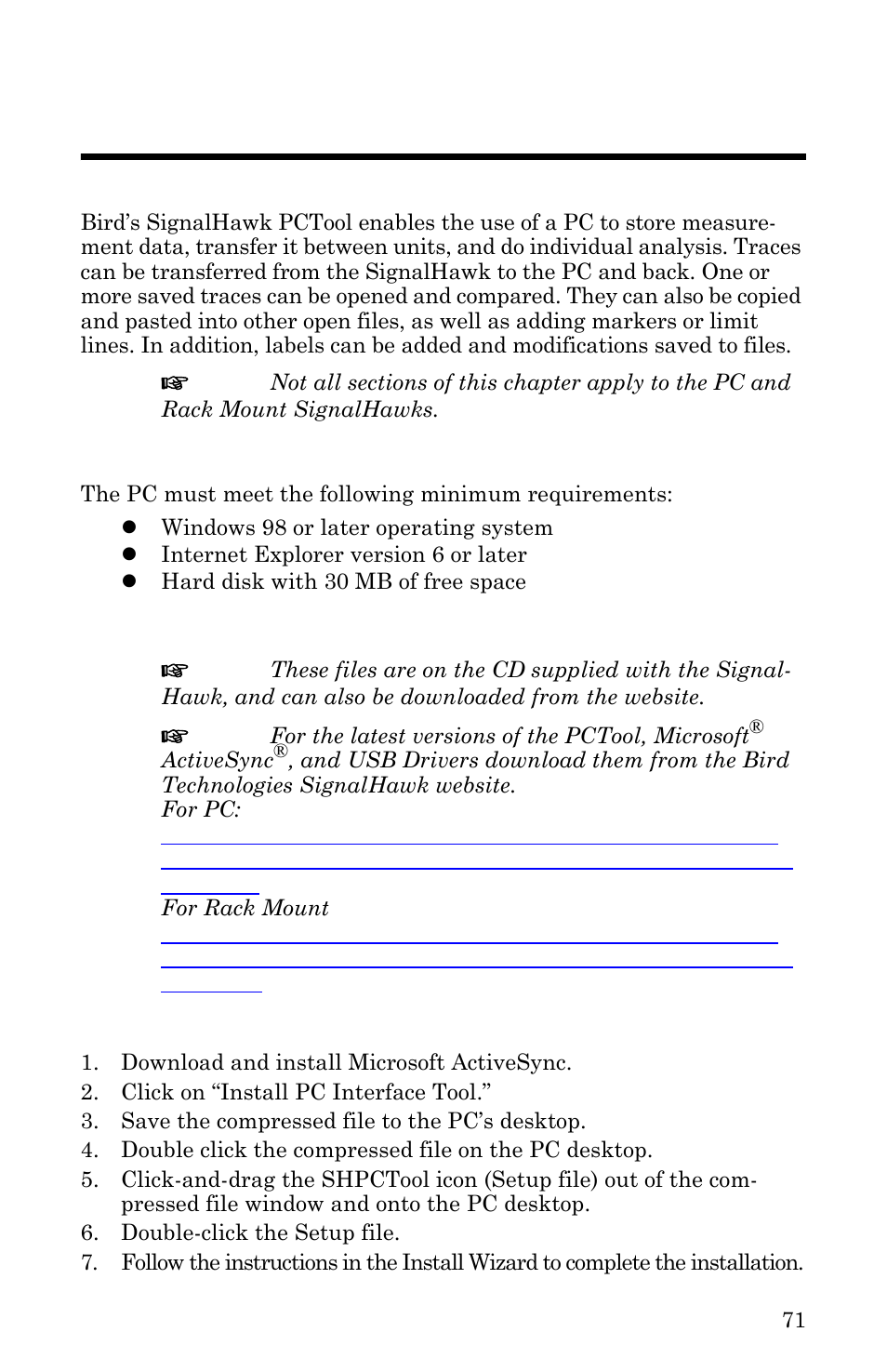 Chapter 7 pc tool, Computer requirements, Downloading and installing software | Installing the pc tool software | Bird Technologies SH-36S-RM-Manual User Manual | Page 87 / 130