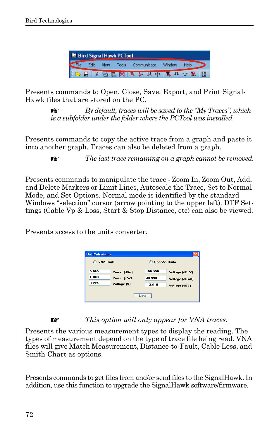 Menu bar, File, Edit | View, Tools, Figure 52 units converter, Measurements, Communicate, File edit view tools measurements communicate | Bird Technologies SH-36S-RM-Manual User Manual | Page 88 / 130