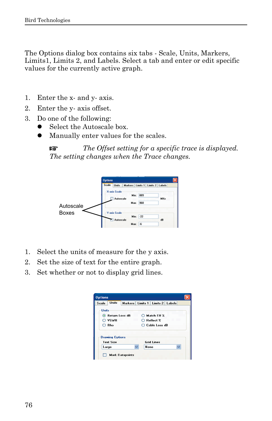 Options dialog box (view>options), Scale tab, Figure 54 example, scale tab | Units tab, Figure 55 example, units tab, Scale tab units tab | Bird Technologies SH-36S-RM-Manual User Manual | Page 92 / 130