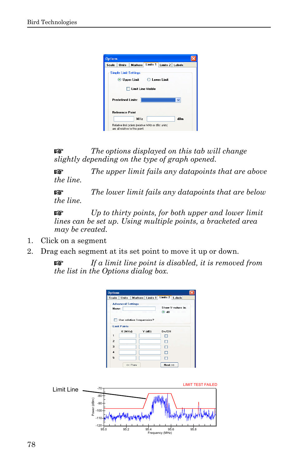 Figure 57 example, limits 1 tab, Limits 2 tab, Figure 58 example, limits 2 tab | Bird Technologies SH-36S-RM-Manual User Manual | Page 94 / 130