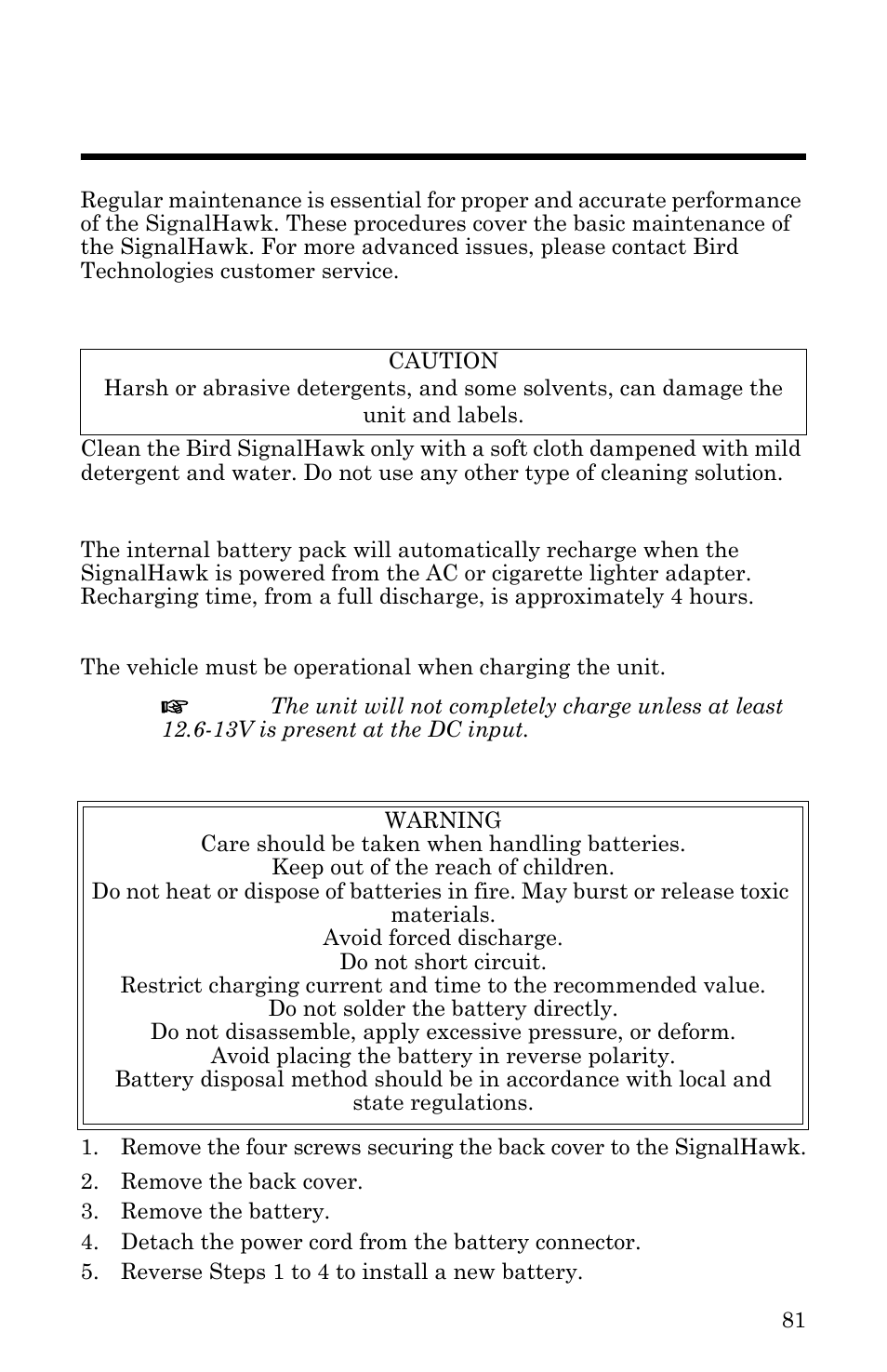 Chapter 8 maintenance, Cleaning, Charging the battery | Charging the battery using a car charger, Replacing the battery on the pc signalhawk, Cleaning charging the battery | Bird Technologies SH-36S-RM-Manual User Manual | Page 97 / 130