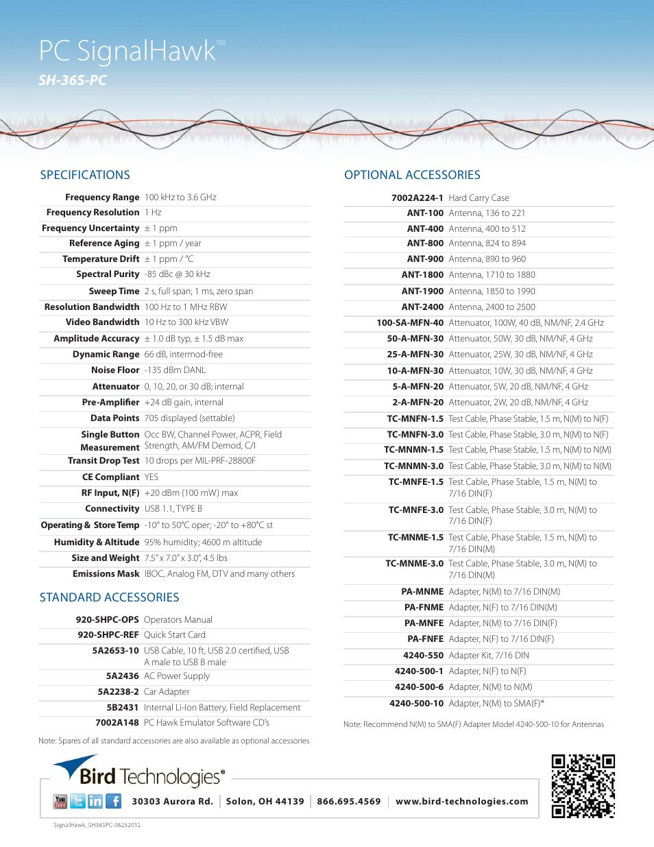 Pc signalhawk, Sh-36s-pc, Specifications | Standard accessories, Optional accessories | Bird Technologies SH-36S-PC-Datasheet User Manual | Page 2 / 2