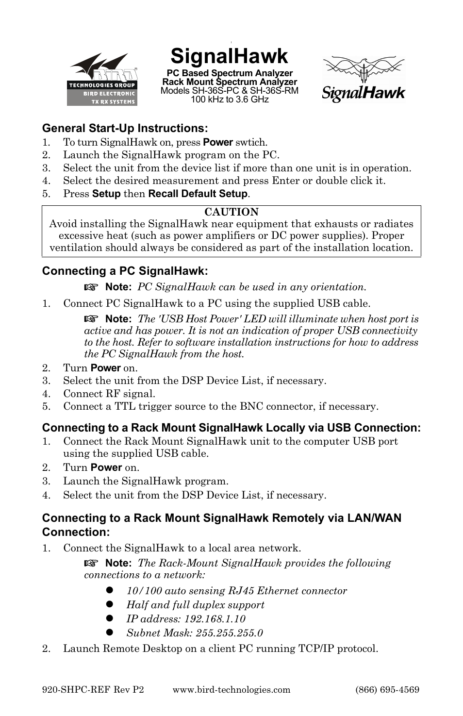 Bird Technologies SH-36S-RM-Quick Start User Manual | 2 pages