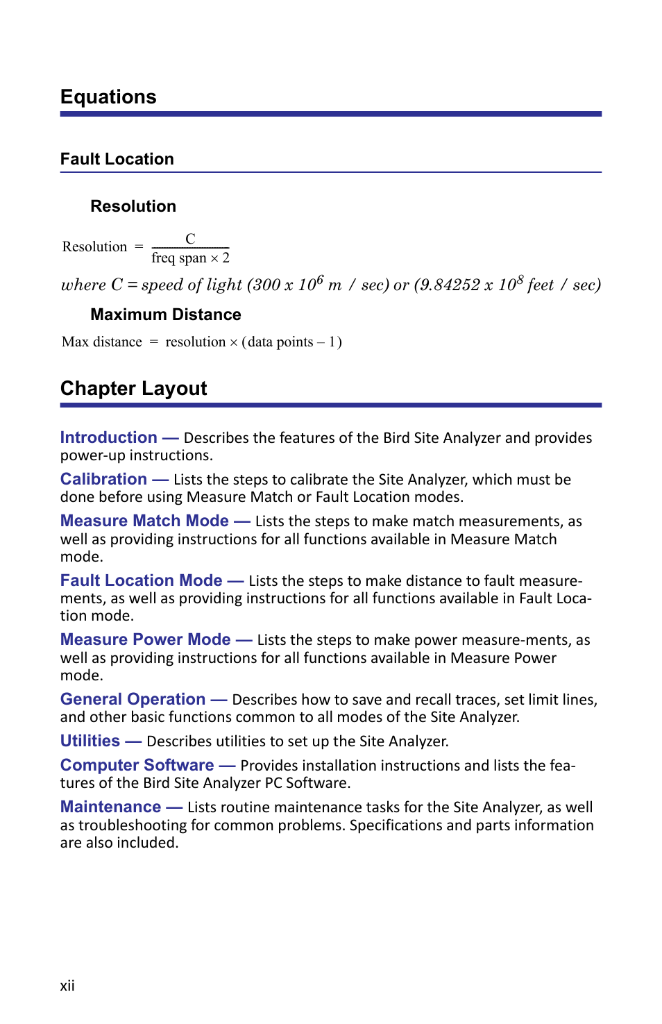 Equations, Fault location, Resolution | Maximum distance, Chapter layout | Bird Technologies SA-6000XT-Manual User Manual | Page 12 / 112
