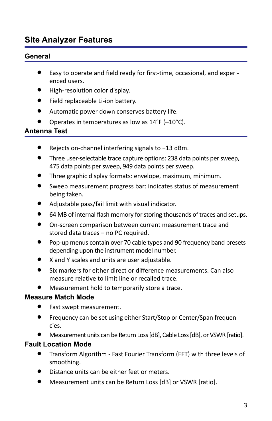 Site analyzer features, General, Antenna test | Measure match mode, Fault location mode, General antenna test, Measure match mode fault location mode | Bird Technologies SA-6000XT-Manual User Manual | Page 19 / 112