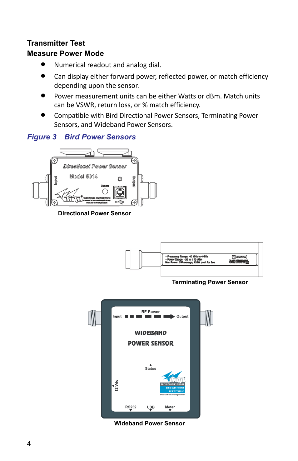 Transmitter test, Measure power mode, Figure 3 bird power sensors | Bird Technologies SA-6000XT-Manual User Manual | Page 20 / 112
