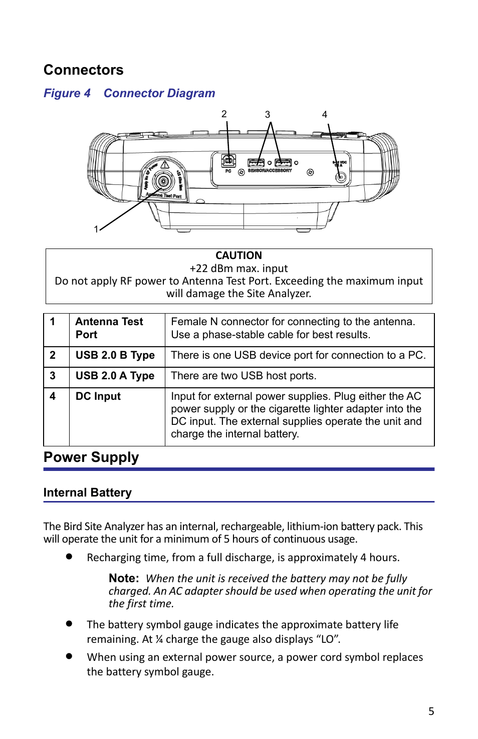Figure 4 connector diagram, Power supply, Internal battery | Connectors | Bird Technologies SA-6000XT-Manual User Manual | Page 21 / 112
