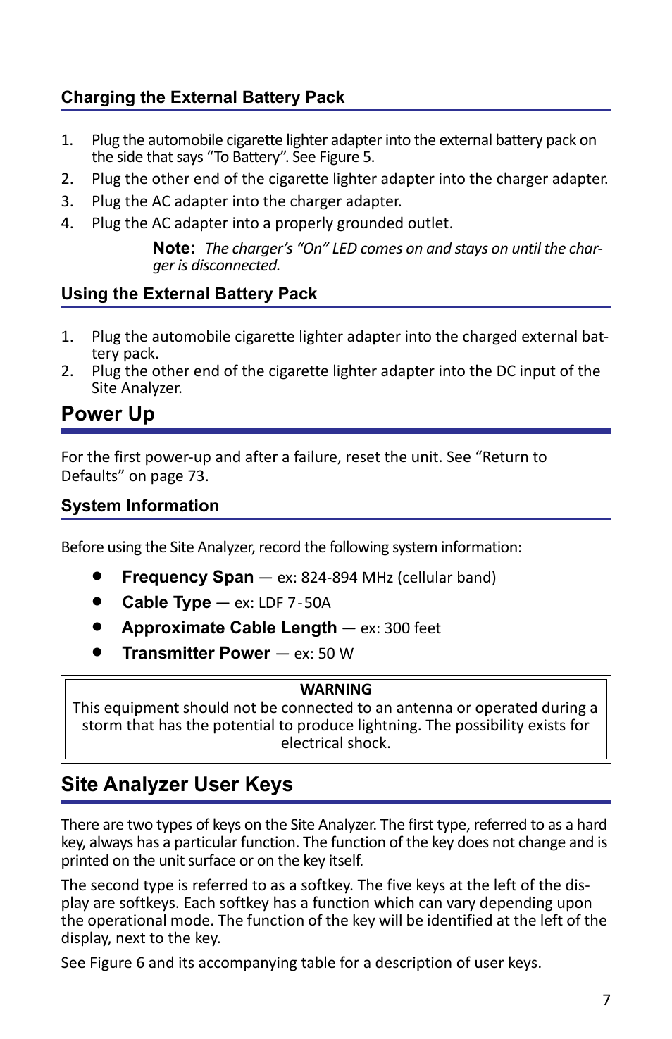 Charging the external battery pack, Using the external battery pack, Power up | System information, Site analyzer user keys | Bird Technologies SA-6000XT-Manual User Manual | Page 23 / 112