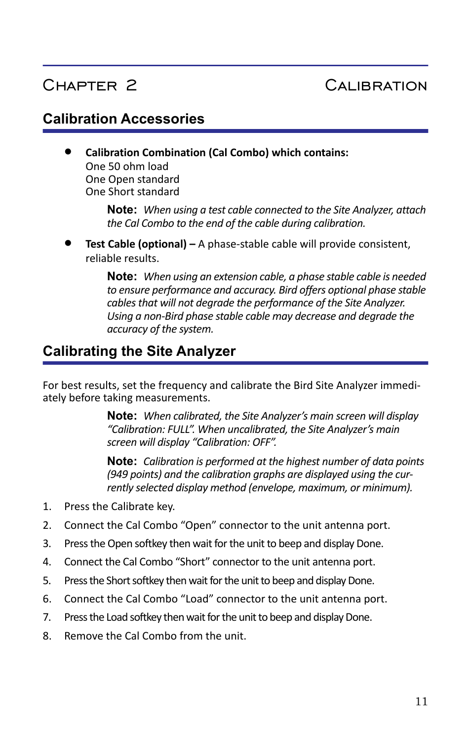 Chapter 2 calibration, Calibration accessories, Calibrating the site analyzer | Bird Technologies SA-6000XT-Manual User Manual | Page 27 / 112