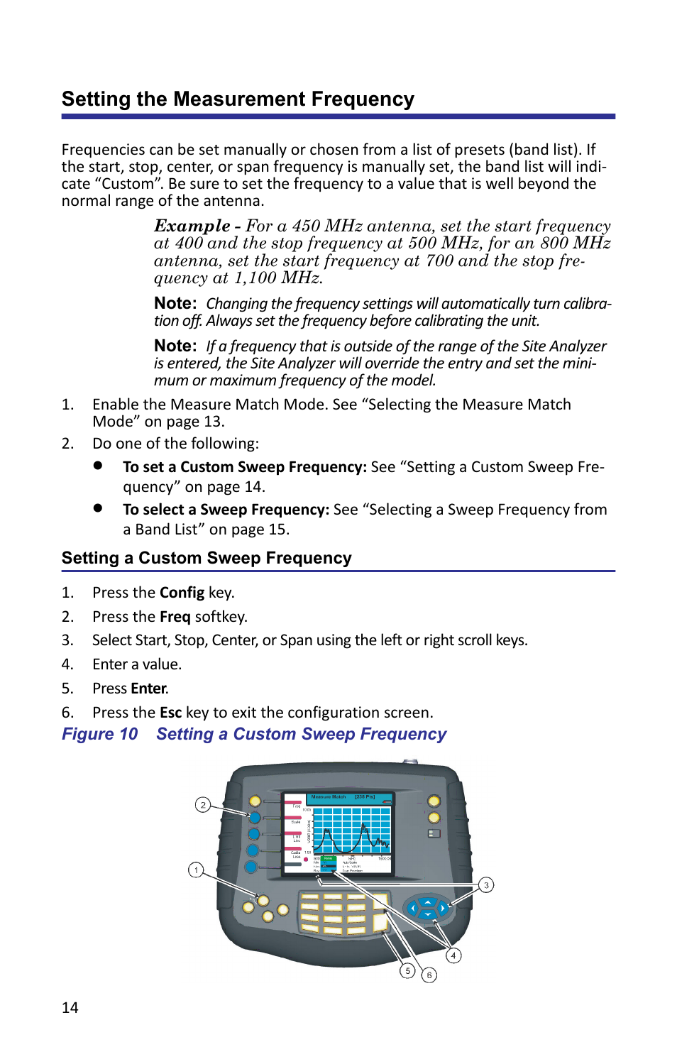 Setting the measurement frequency, Setting a custom sweep frequency, Figure 10 setting a custom sweep frequency | Bird Technologies SA-6000XT-Manual User Manual | Page 30 / 112