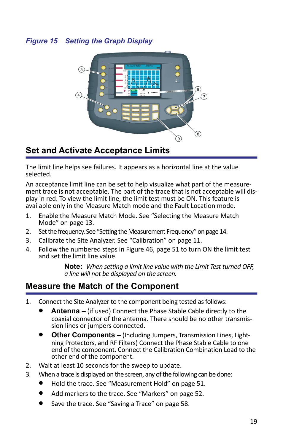 Figure 15 setting the graph display, Set and activate acceptance limits, Measure the match of the component | Bird Technologies SA-6000XT-Manual User Manual | Page 35 / 112