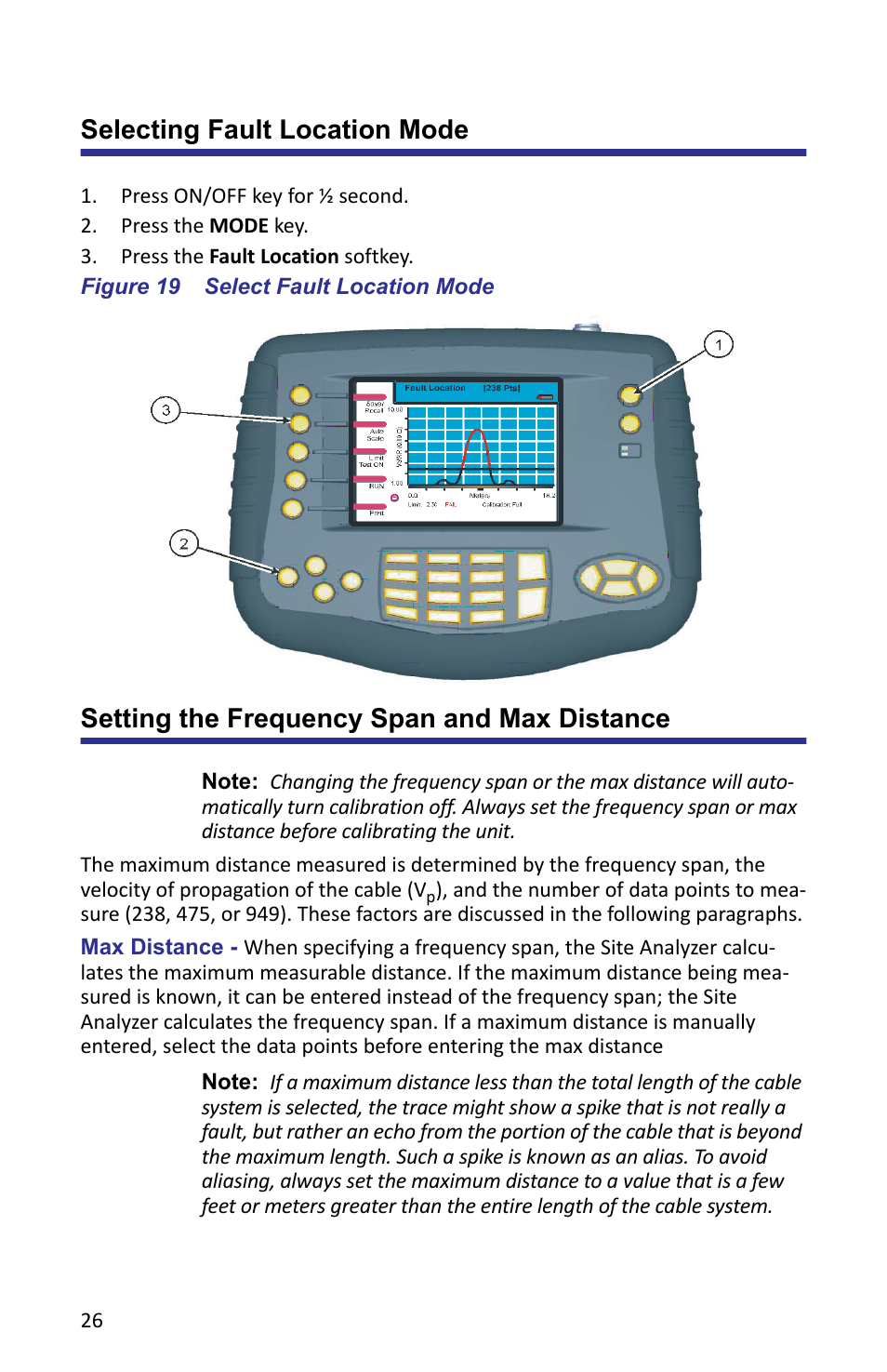 Selecting fault location mode, Figure 19 select fault location mode, Setting the frequency span and max distance | Bird Technologies SA-6000XT-Manual User Manual | Page 42 / 112
