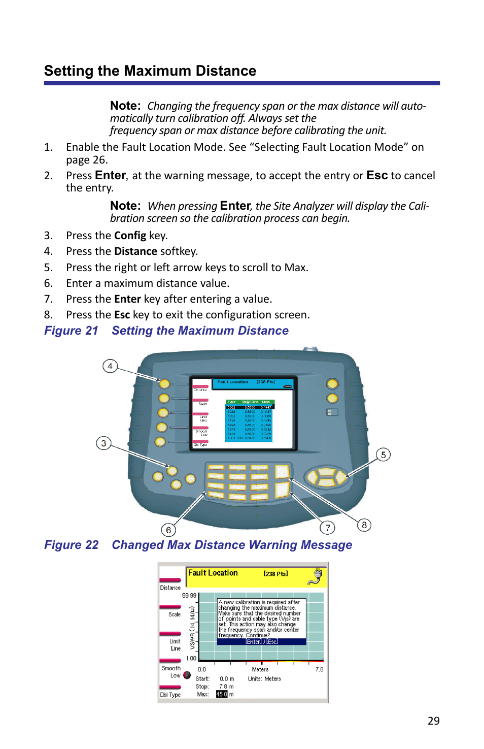 Setting the maximum distance, Figure 21 setting the maximum distance, Figure 22 changed max distance warning message | Bird Technologies SA-6000XT-Manual User Manual | Page 45 / 112