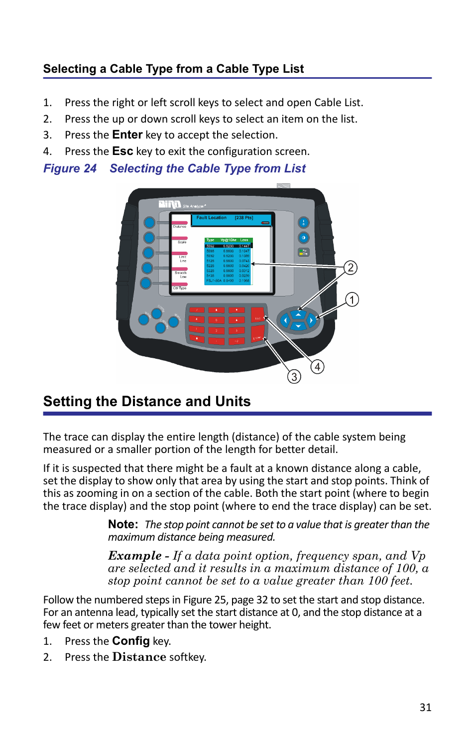 Selecting a cable type from a cable type list, Figure 24 selecting the cable type from list, Setting the distance and units | Bird Technologies SA-6000XT-Manual User Manual | Page 47 / 112