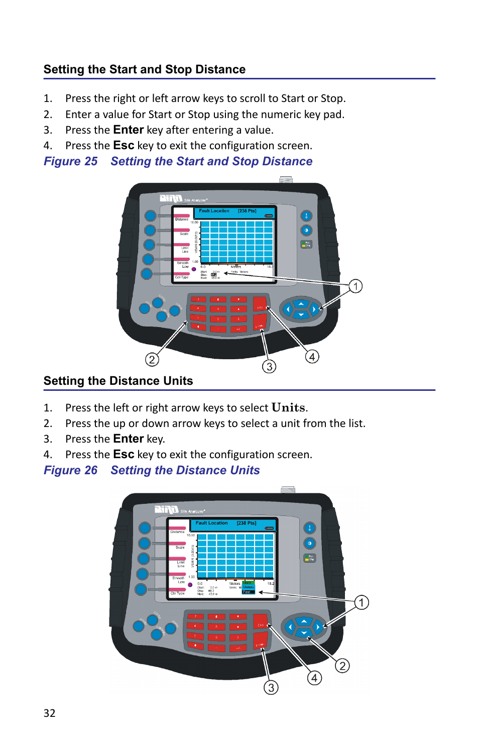 Setting the start and stop distance, Figure 25 setting the start and stop distance, Setting the distance units | Figure 26 setting the distance units | Bird Technologies SA-6000XT-Manual User Manual | Page 48 / 112