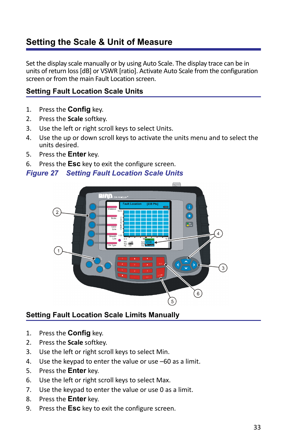 Setting the scale & unit of measure, Setting fault location scale units, Figure 27 setting fault location scale units | Setting fault location scale limits manually | Bird Technologies SA-6000XT-Manual User Manual | Page 49 / 112