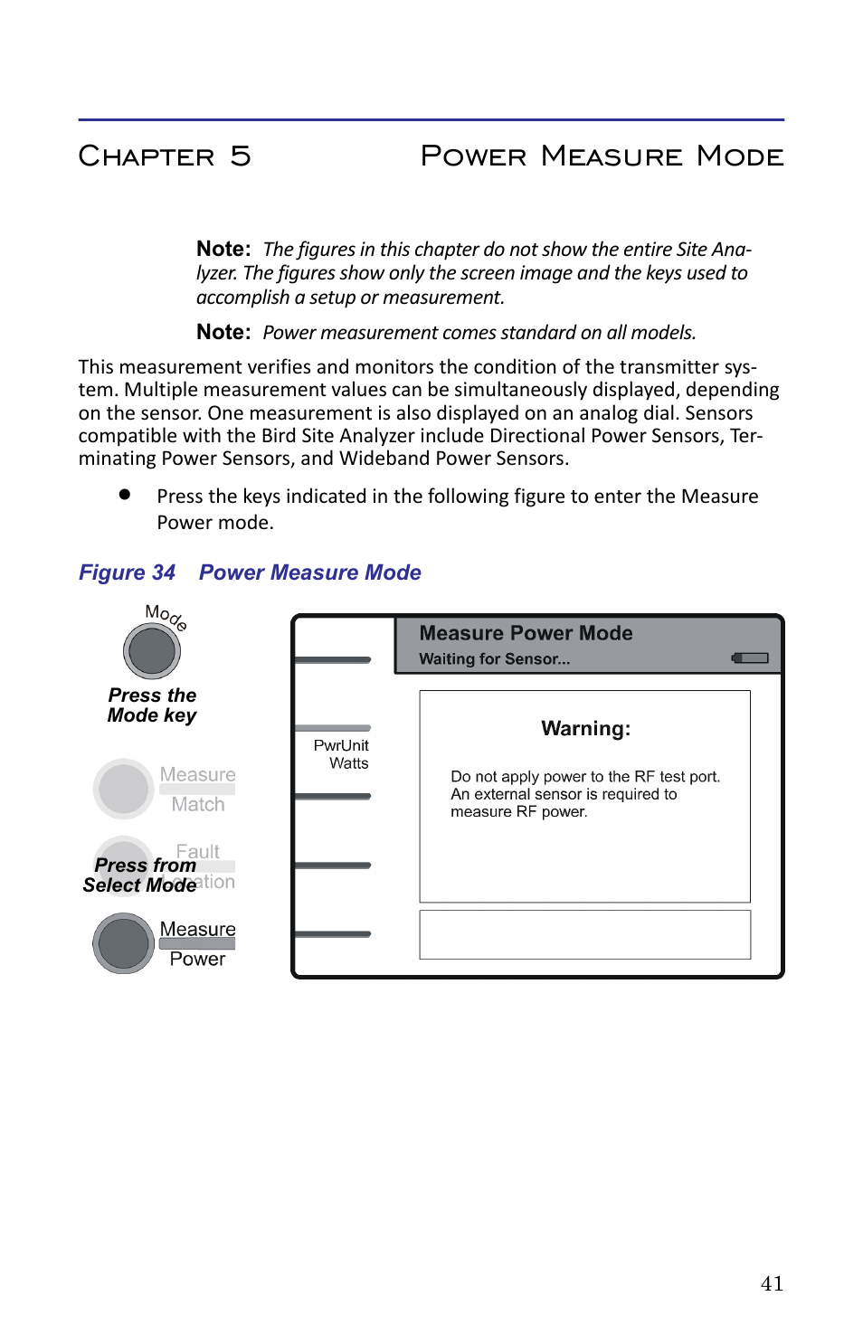 Chapter 5 power measure mode, Figure 34 power measure mode | Bird Technologies SA-6000XT-Manual User Manual | Page 57 / 112