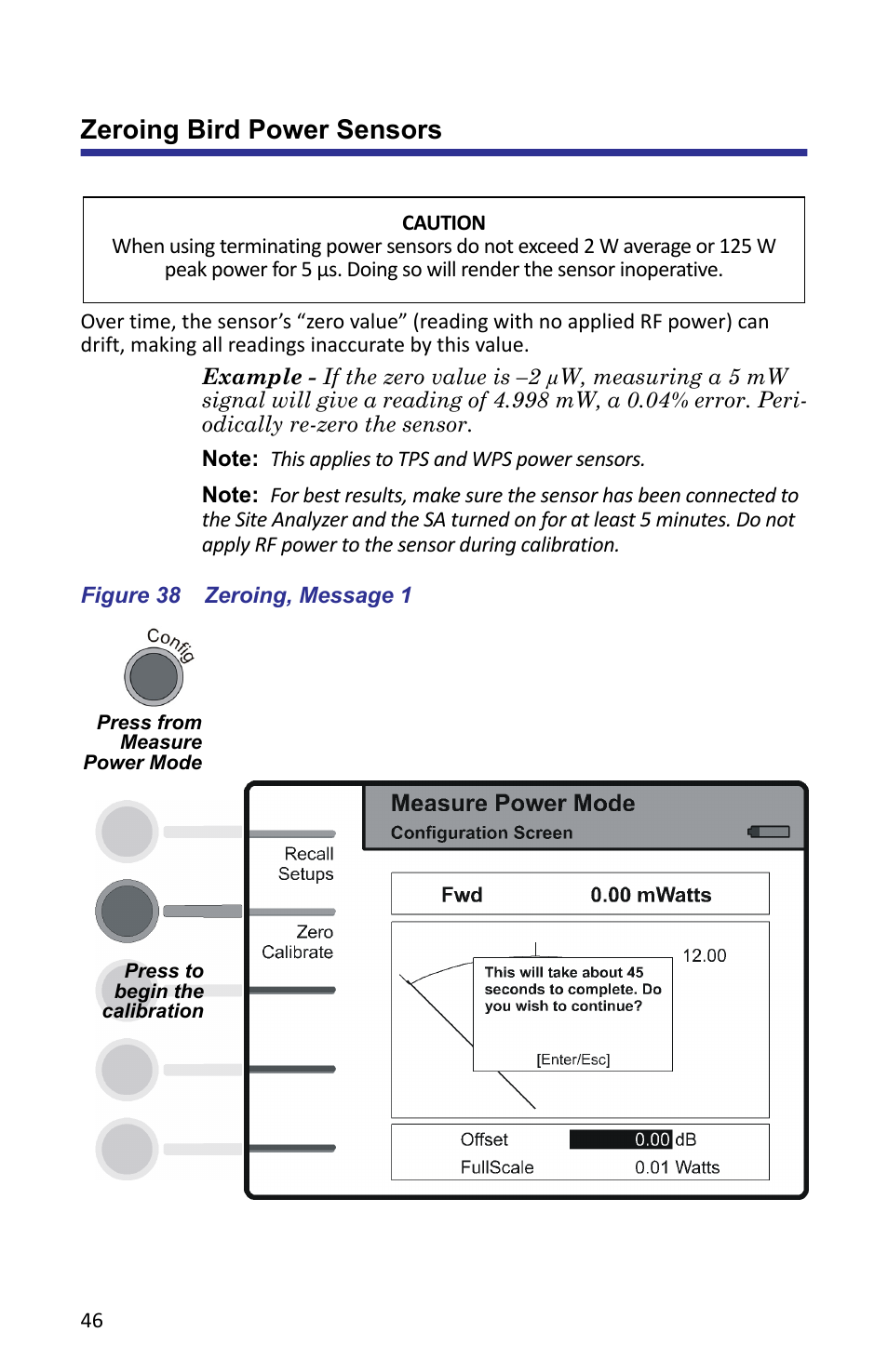 Zeroing bird power sensors, Figure 38 zeroing, message 1 | Bird Technologies SA-6000XT-Manual User Manual | Page 62 / 112