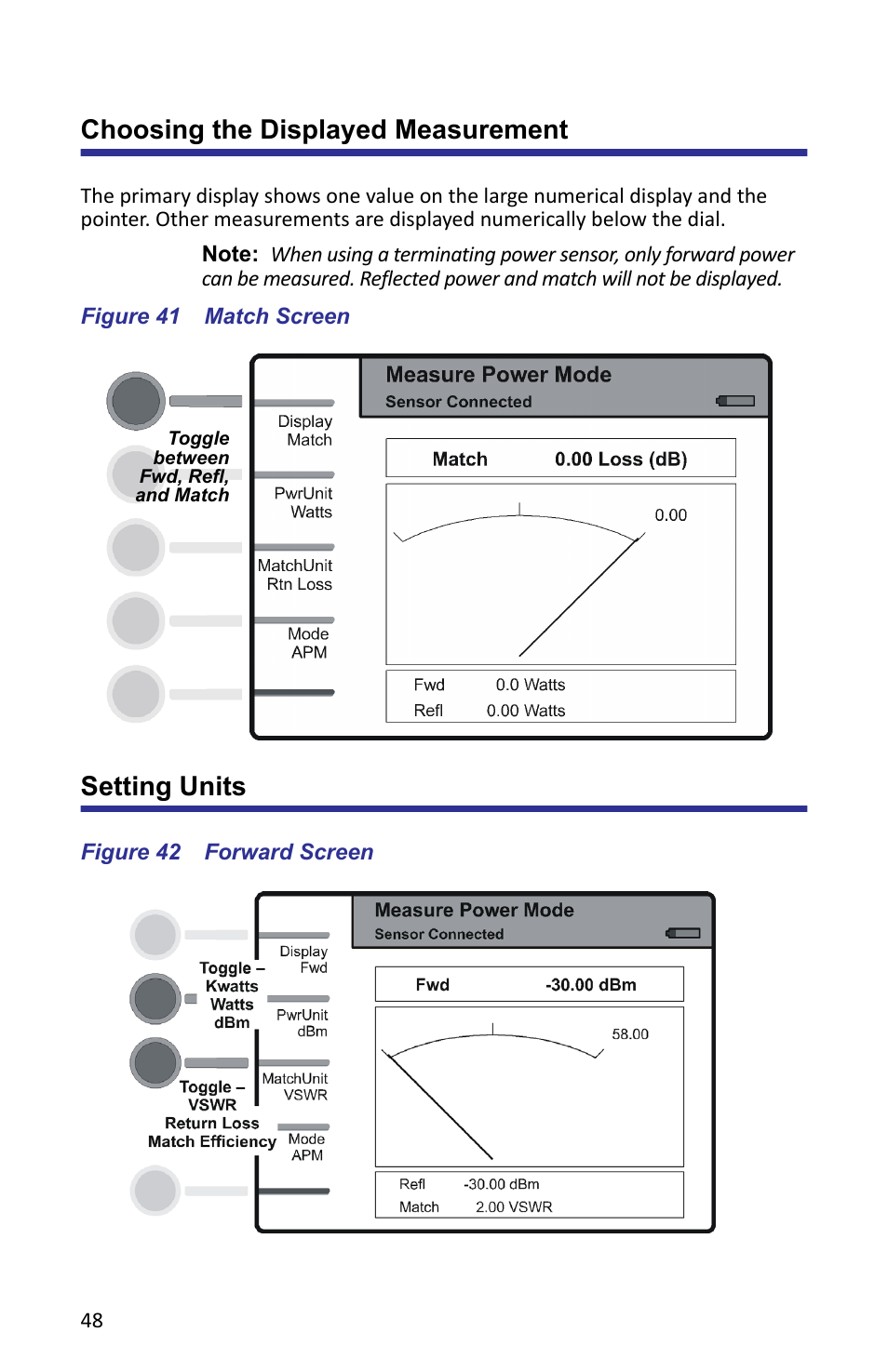 Choosing the displayed measurement, Figure 41 match screen, Setting units | Figure 42 forward screen, Choosing the displayed measurement setting units | Bird Technologies SA-6000XT-Manual User Manual | Page 64 / 112